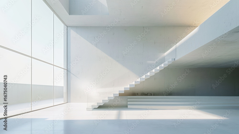 Obraz premium A minimalist, modern interior with a white staircase and large windows.