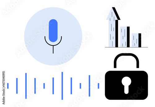 Microphone with soundwave, lock symbol, and upward bar chart. Ideal for tech innovation, data analysis, voice recognition, privacy, security, growth simple landing page