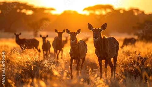 Golden African Sunrise with Majestic Nylas, A Herd of Nylas at Dawn in the African Bushveld