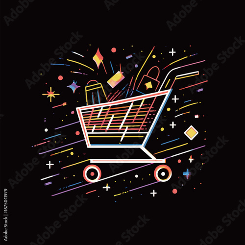 A shopping cart brimming with vibrant items is set against a cosmic backdrop filled with stars and shapes. This playful scene captures the excitement of shopping in a fantastical marketplace.