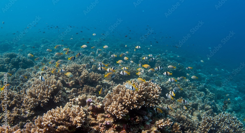 Fototapeta premium 透き通る海中、色鮮やかな珊瑚礁に群れる魚たち。穏やかな光が差し込む水中世界。. AI Generated