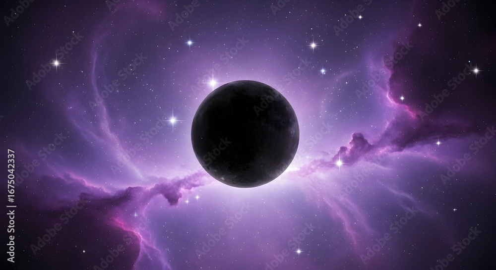Obraz premium Dark Planet with Purple Nebula and Twinkling Stars in Space Background