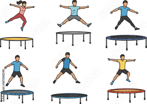 Group of men and women exercising on mini trampolines, fitness workout, aerobic jump, active lifestyle, health, cardio, exercise equipment.