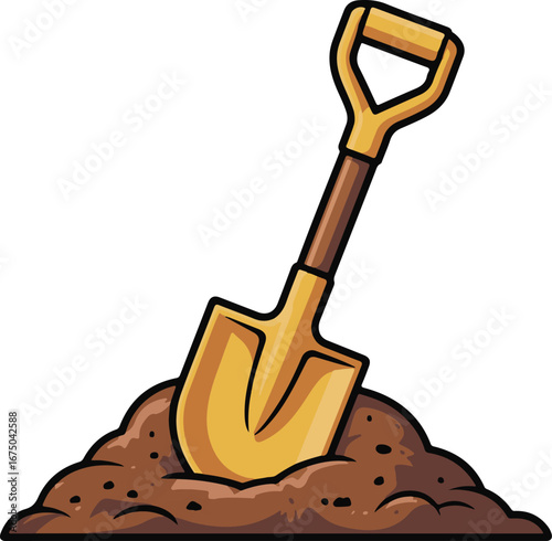 Yellow-Handled Shovel Vector Illustration in Dirt Pile Gardening and Construction Tool