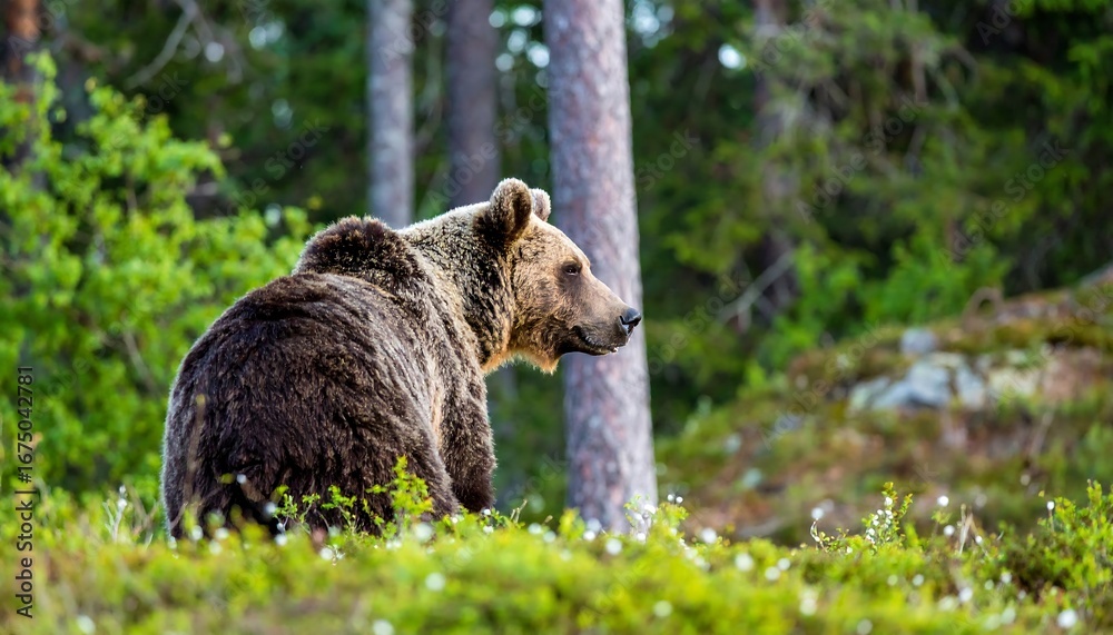 Fototapeta premium A brown bear stands in a lush green forest surrounded by trees and foliage.
