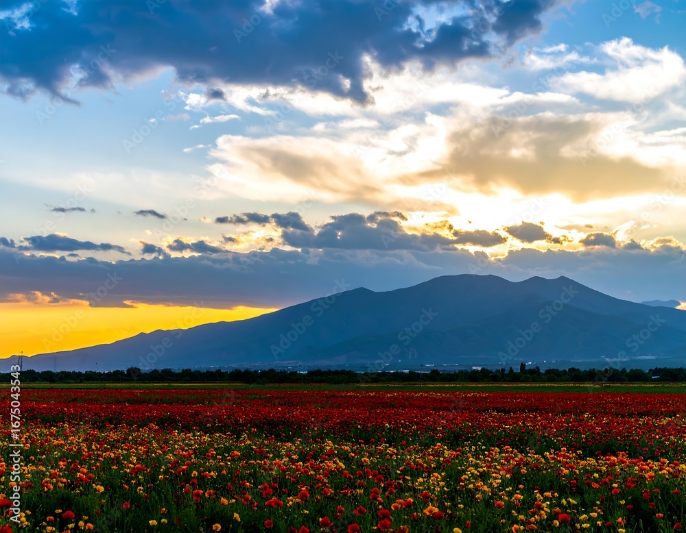 Fototapeta premium Colorful flower field at sunset with mountains