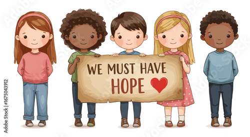 Children holding a sign saying we must have hope with a heart illustration
