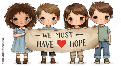Children holding a banner with a message of hope and love