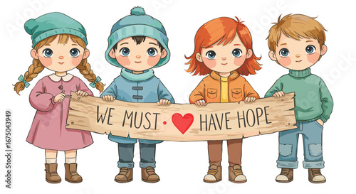 Children holding a banner promoting hope and unity