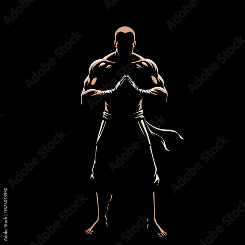 Warrior With Praying Hands In Dramatic Silhouette Against Dark Background Ready For Battle
