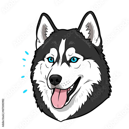 Joyful Husky Dog with Bright Blue Eyes and Open Mouth Expressing Happiness