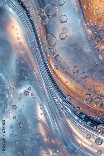 Abstract macro shot of liquid with bubbles and light reflections, showing fluid motion and organic textures in shades of blue and orange, perfect for modern design and background use