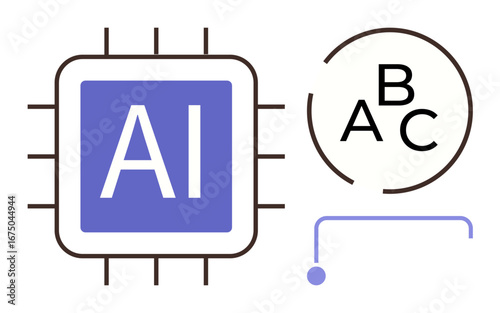 AI microchip with abbreviation inside next to alphabet elements and circuit line. Ideal for technology, research, innovation, machine learning, automation, education, communication. Simple flat