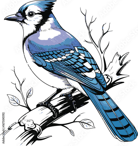 Blue Jay Outline Vector Illustration Black and White Hand-Drawn Bird on Branch