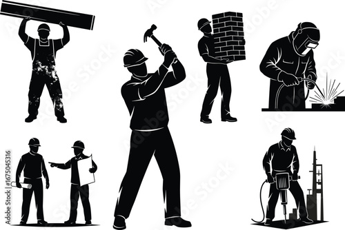 Construction worker silhouettes, black and white vector, building site, manual labor, welding, jackhammer, teamwork, safety gear, industrial tools, architecture, engineering