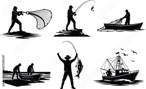 Fishing silhouettes, traditional net casting, boat teamwork, coastal lifestyle, triumphant catch, sea birds, rod fishing, maritime culture, vector illustration, black and white artwork