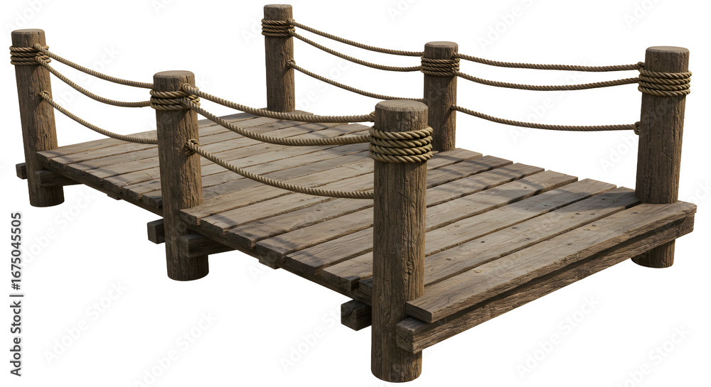 Obraz premium Rustic wooden bridge with rope detailing, perfect for scenic landscapes or travel themes
