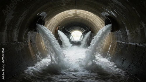 Water gushing from drainage pipes in a concrete tunnel, creating strong currents and splashes