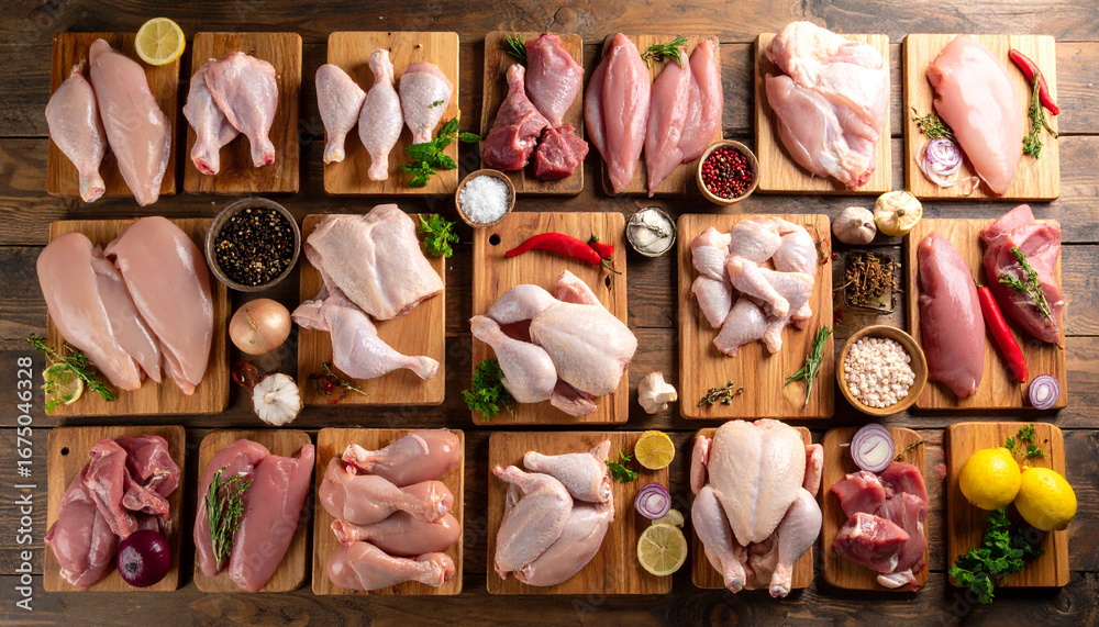 Fototapeta premium Raw Chicken Breast, Drumsticks, Wings and Fillets, Rustic Kitchen Top View