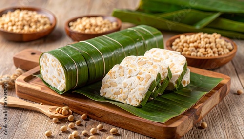 Tempeh, a traditional Indonesian food made from fermented soybeans wrapped in banana leaves.