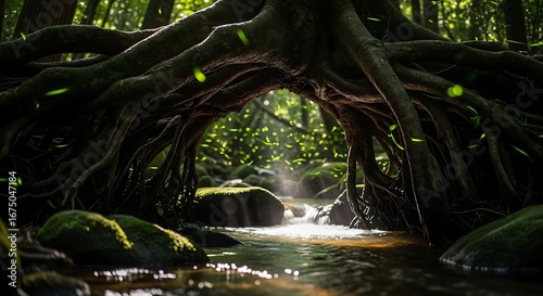 Enchanted forest riverbank illuminated by bioluminescent fireflies