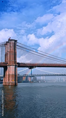 Rain over the East River and rainbow in the cloudy sky. View on the Manhattan Bridge and Brooklyn Bridge from the riverscape. Vertical video.