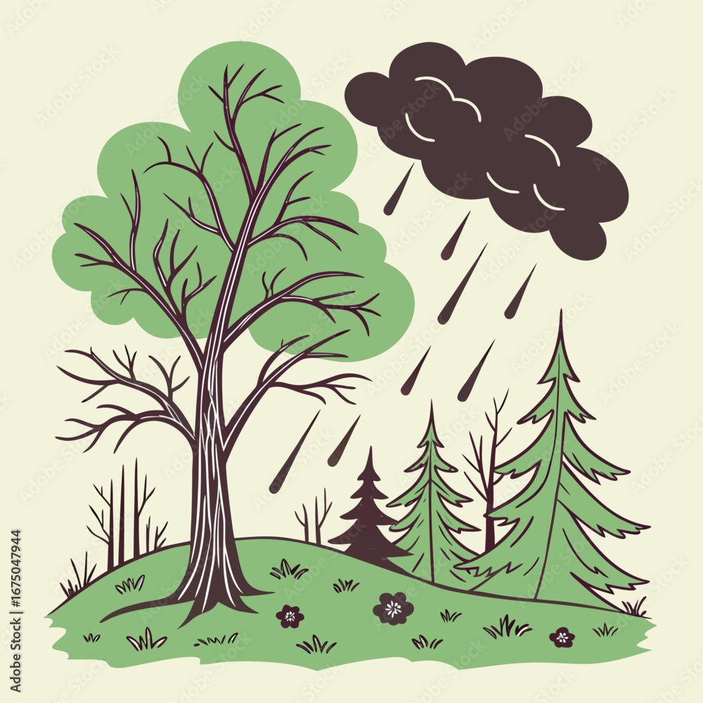 Obraz premium Rainy Day in Forest: An illustration captures a serene rainy day in the forest, showcasing trees with a touch of whimsy. The scene is filled with the soft, cool colors of nature.