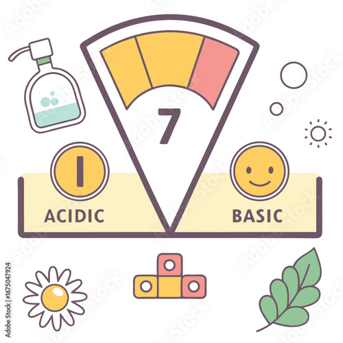 pH Level indicator: An illustrated pH scale depicting levels of acidity and alkalinity, with a central reading of 7 representing a neutral state, alongside additional relevant icons such as flower.