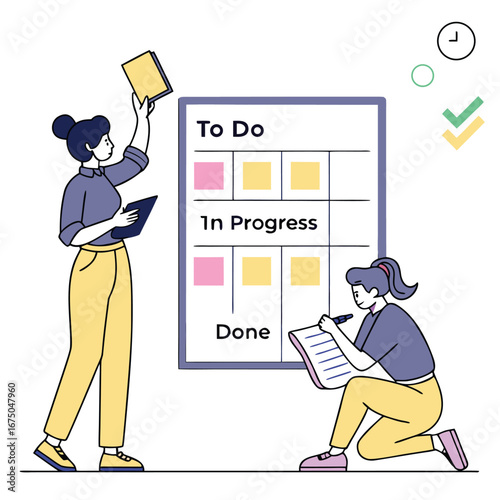 Work In Progress: Illustrative depiction of two professionals, collaboratively organizing a visual system that showcases their work, ensuring efficiency and clarity in project execution.