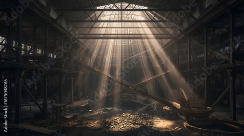 Abandoned industrial warehouse interior with dramatic sunlight beams breaking through the roof, creating a cinematic atmosphere of decay, mystery, and urban exploration environment