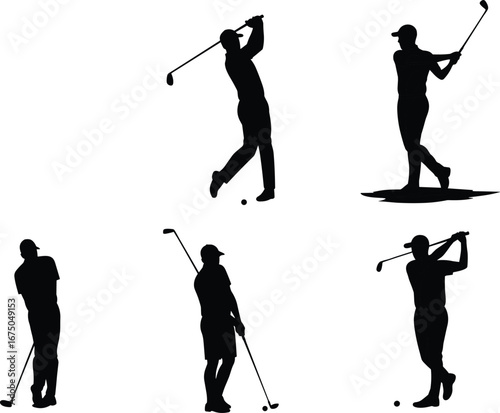 Golf players silhouette, golfer swing action, outdoor sports activity, golf club hitting ball, professional golf game, athletic stance, leisure sport