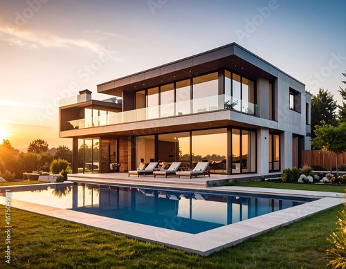 Modern two-story house with pool at sunset