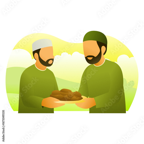 Illustration of two Muslim men sharing food, symbolizing generosity, kindness, hospitality, and Islamic tradition during Ramadan or Eid celebration.