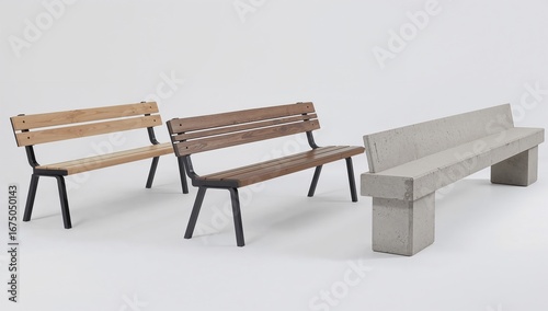 Three distinct park benches arranged outdoors for seating and relaxation