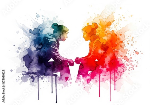Emotional communication concept. Watercolor of two people in a deep conversation, with contrasting colors symbolizing empathy, therapy, and understanding.

