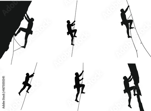 Silhouette of rock climbers ascending ropes and cliffs, outdoor adventure, extreme sports, mountain climbing activity, athletes challenging nature, climbing safety gear, high-altitude excitement