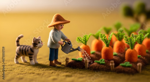 Enchanting miniature world featuring a small figure lovingly tending to a carrot patch with their cat companion in a bright sunny day creating a serene countryside moment filled with care