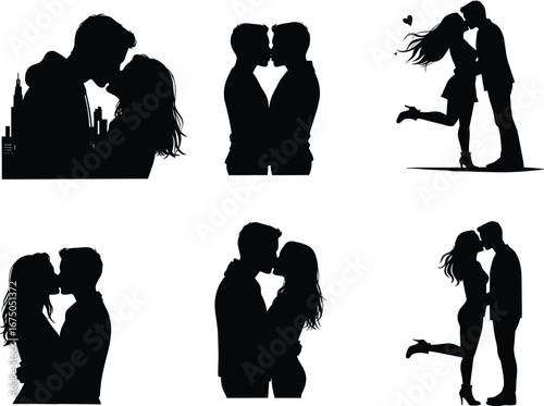 Romantic couple kissing silhouette, love moment scene, valentine romance, city kiss, passionate embrace, silhouette love couple, romantic affection.