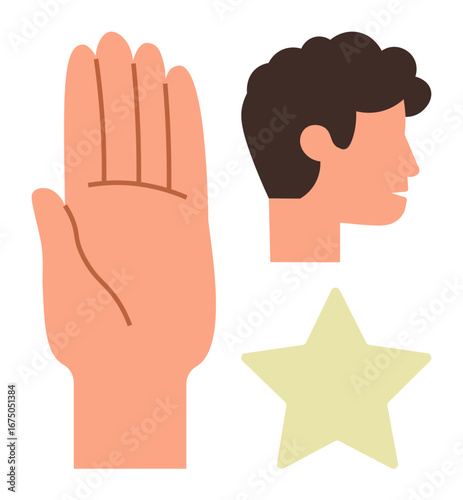 Open palm, human side profile, and star icon combined to signify greeting, individuality, or symbolic approval. Ideal for communication, human interaction, teamwork, recognition identity feedback