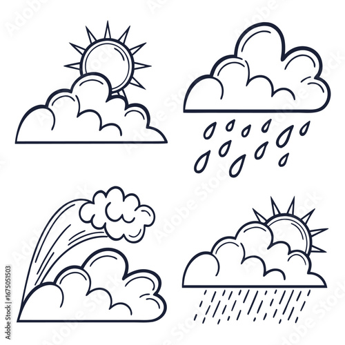 Weather Icons in Illustrated Set: A collection of clean, hand-drawn icons representing a range of weather conditions. Explore various visual elements with sunshine, rainfall, and windy skies.