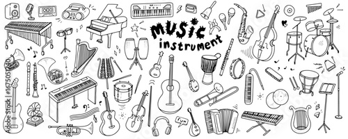 Set of musical instruments. Collection of musical equipment such as strings, percussions, keyboard, brass. Vector illustration isolated on white background.
