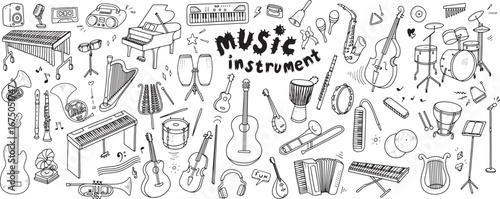 Set of musical instruments. Collection of musical equipment such as strings, percussions, keyboard, brass. Vector illustration isolated on white background.