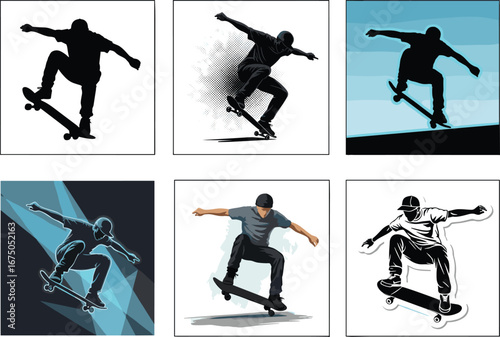 Skateboarder performing tricks, urban extreme sports silhouette and illustration set, modern street style action, jump motion, skateboarding lifestyle graphic