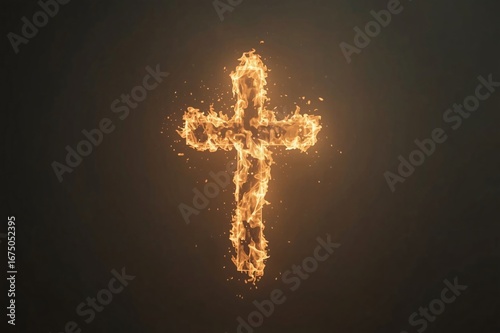 Fiery cross dark background, faith concept