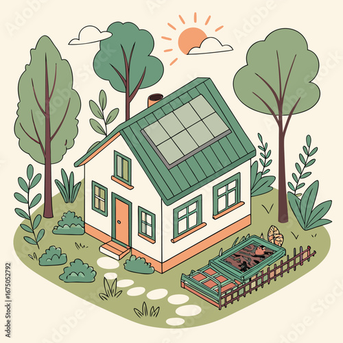 Eco-Friendly Home with Solar Panels: A charming home harnesses the power of the sun with solar panels on its roof, nestled amidst a lush garden and trees.