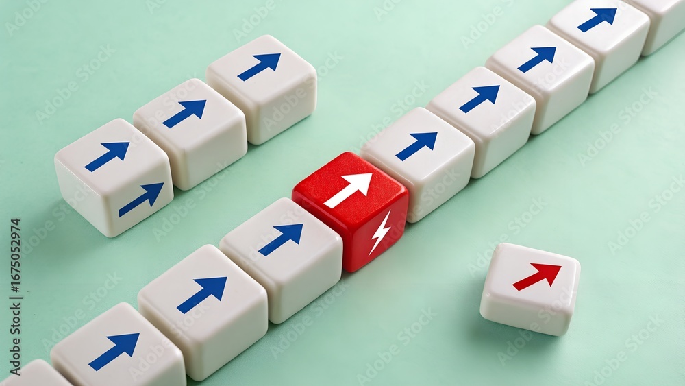 Obraz premium Standout Strategy – Individual Impact and System Flow Symbolism, Leadership, Conceptual, Innovation, Abstract, Arrow Block Scene