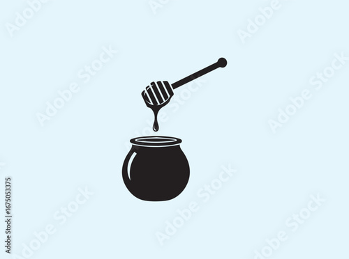 Elegant vector honey pot with suspended dipper silhouette illustration
