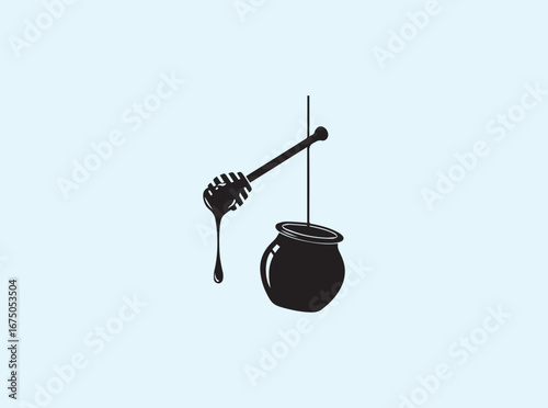 Elegant solid black silhouette of honey dipper and honey container
