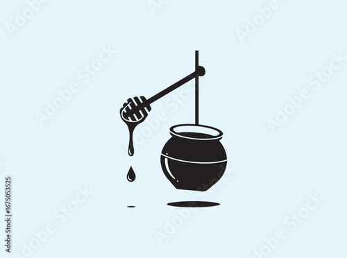 Minimalist honey dipper with dripping honey droplet vector artwork
