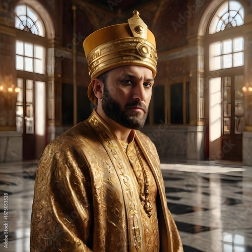 Golden 3D chess king as a real Ottoman sultan figure, wearing royal kaftan and turban, standing proudly on a white marble pedestal, dramatic spotlight, luxurios,Generative Ai

